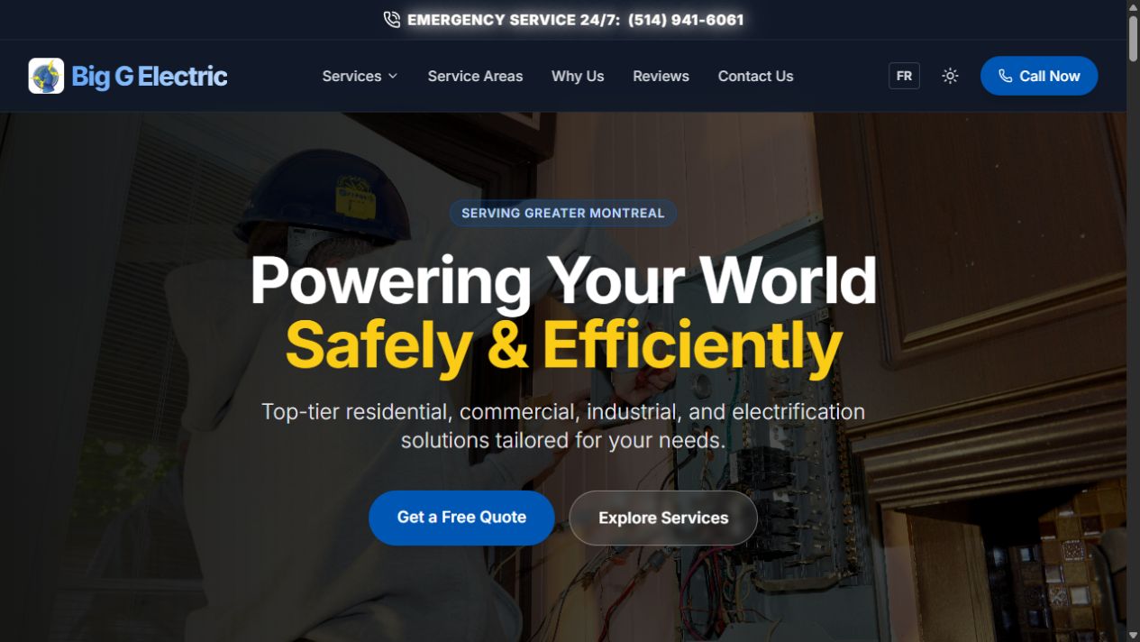 Screenshot of the Big G Electric website designed by Normandin Systems
