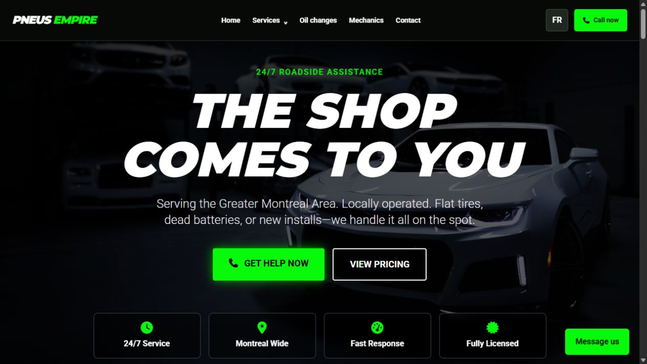 Screenshot of the Pneus Empire website designed by Normandin Systems