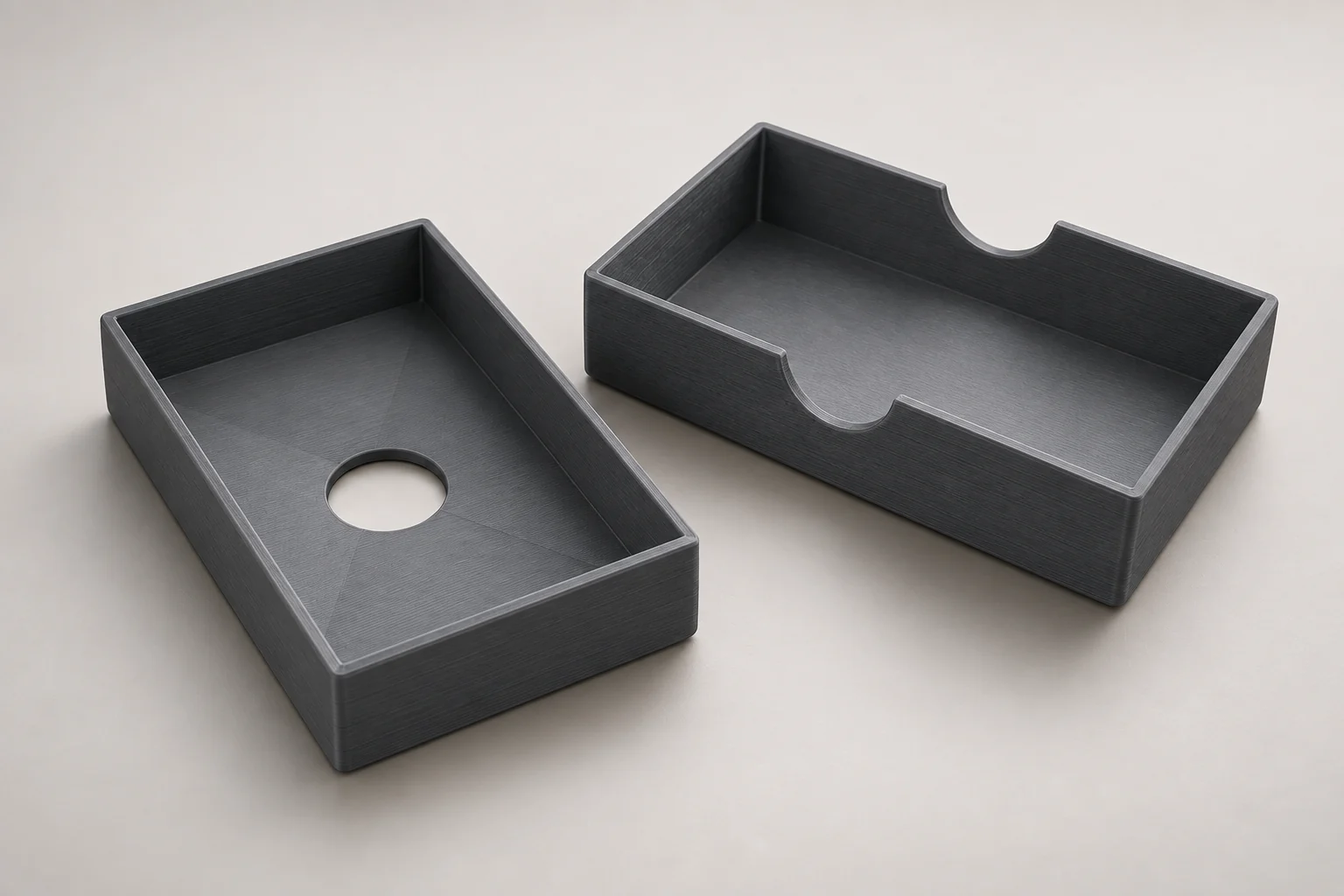 Model-based studio visualization of business Card Case · 91 × 55 mm in charcoal-gray printed plastic.