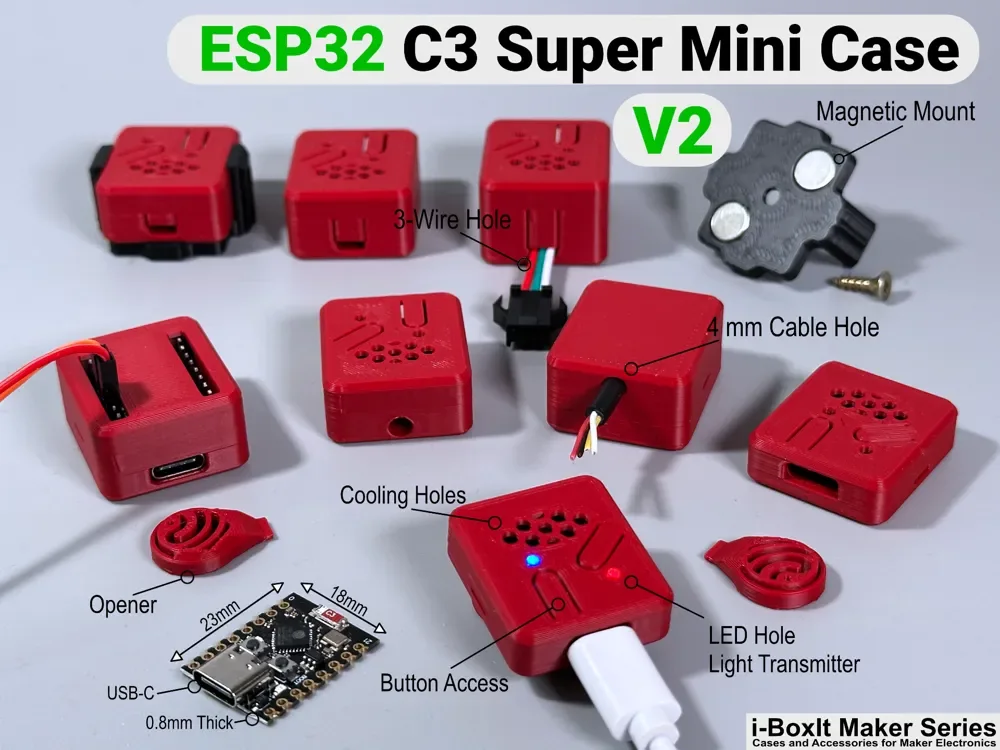 Creator design reference for ESP32-C3 SuperMini Project Case; included printed parts are specified in the listing.