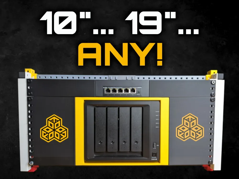 Creator design reference for 10-inch Rackmount — 100 × 99 × 25.5 mm Device Design; included printed parts are specified in the listing.