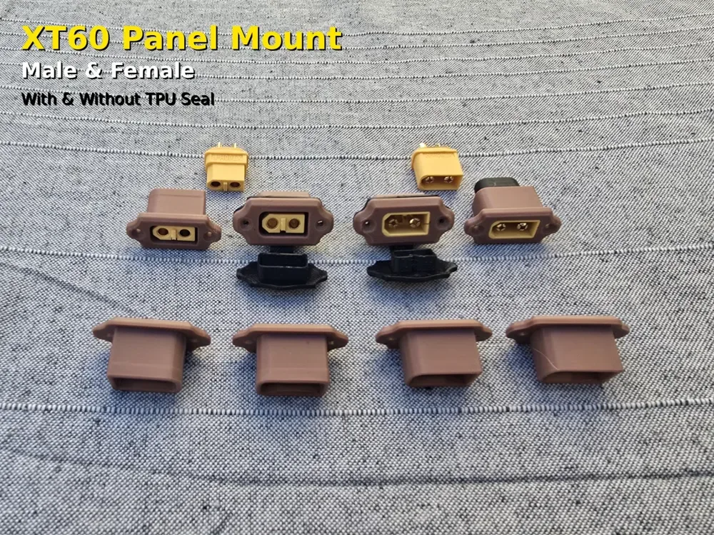 Creator design reference for XT60H Female Panel Housing with TPU Dust Cap; included printed parts are specified in the listing.