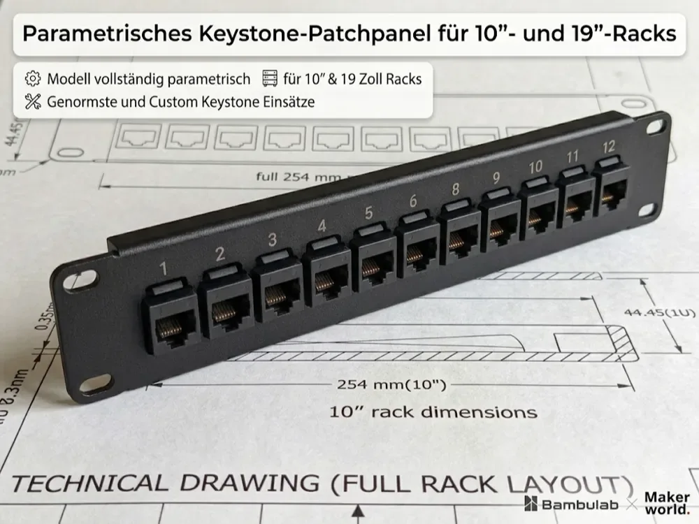 Creator design reference for 10-inch Keystone Patch Panel — Printed Frame; included printed parts are specified in the listing.
