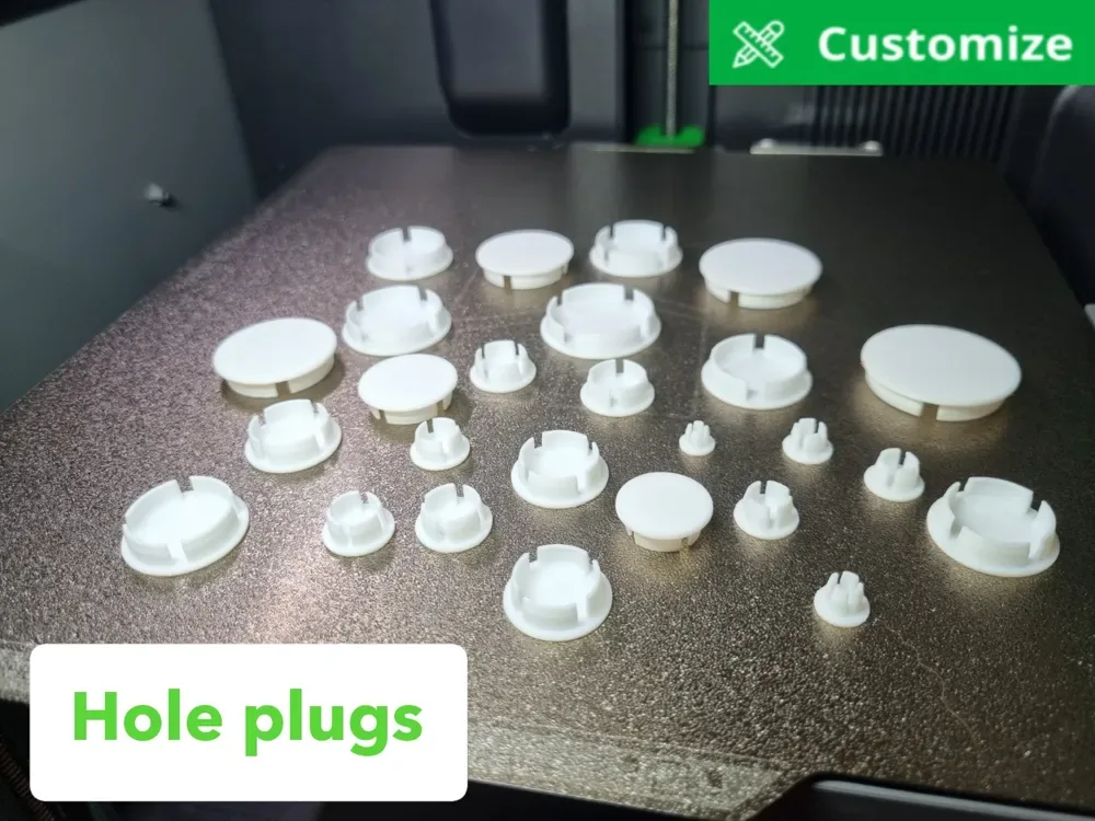 Creator design reference for Round Hole Plug — 20 mm Design; included printed parts are specified in the listing.