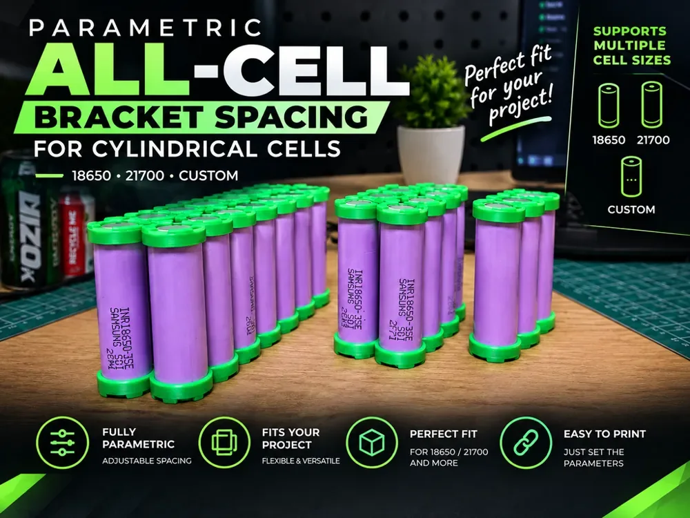 Creator design reference for Battery Cell Spacing Bracket; included printed parts are specified in the listing.