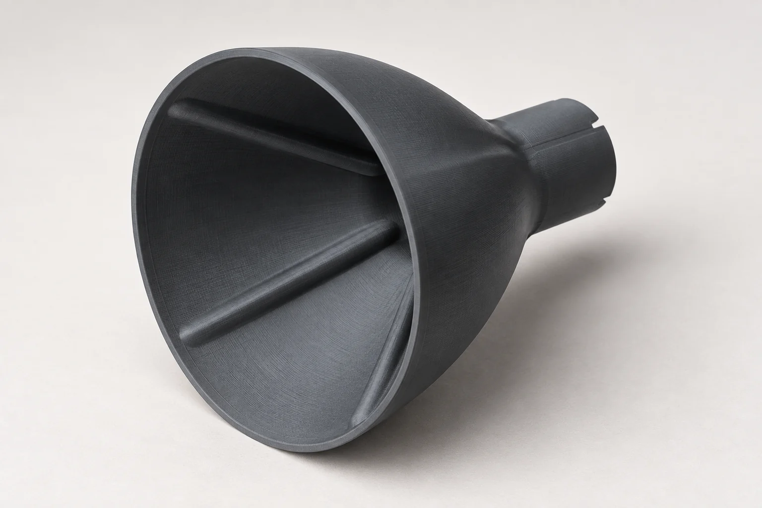 Model-based studio visualization of washer Fluid Funnel for Tesla in charcoal-gray printed plastic.